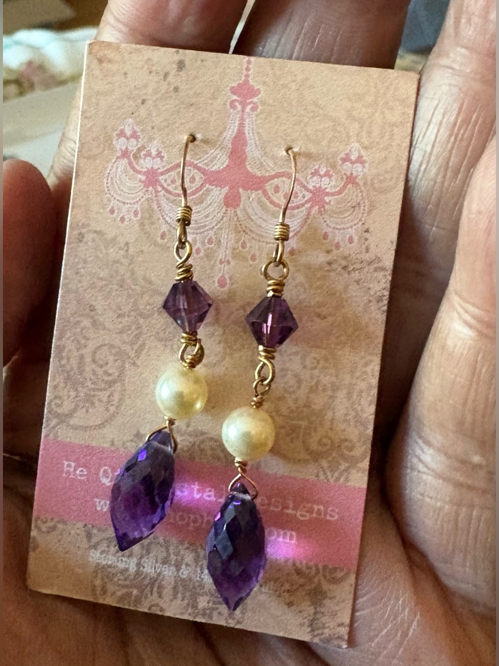 Sterling Silver and GF  Purple Crystal and Pearl Drop Earrings - Gold Tone